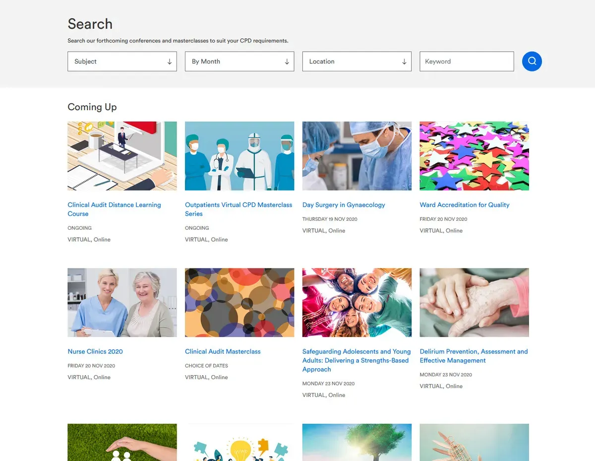 Screenshot of Healthcare Conferences UK search results page