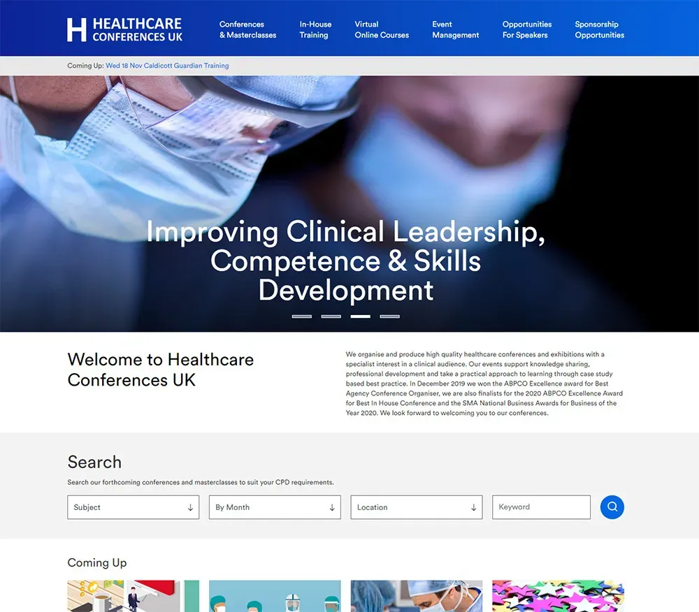 Screenshot Healthcare Conferences UK website homepage