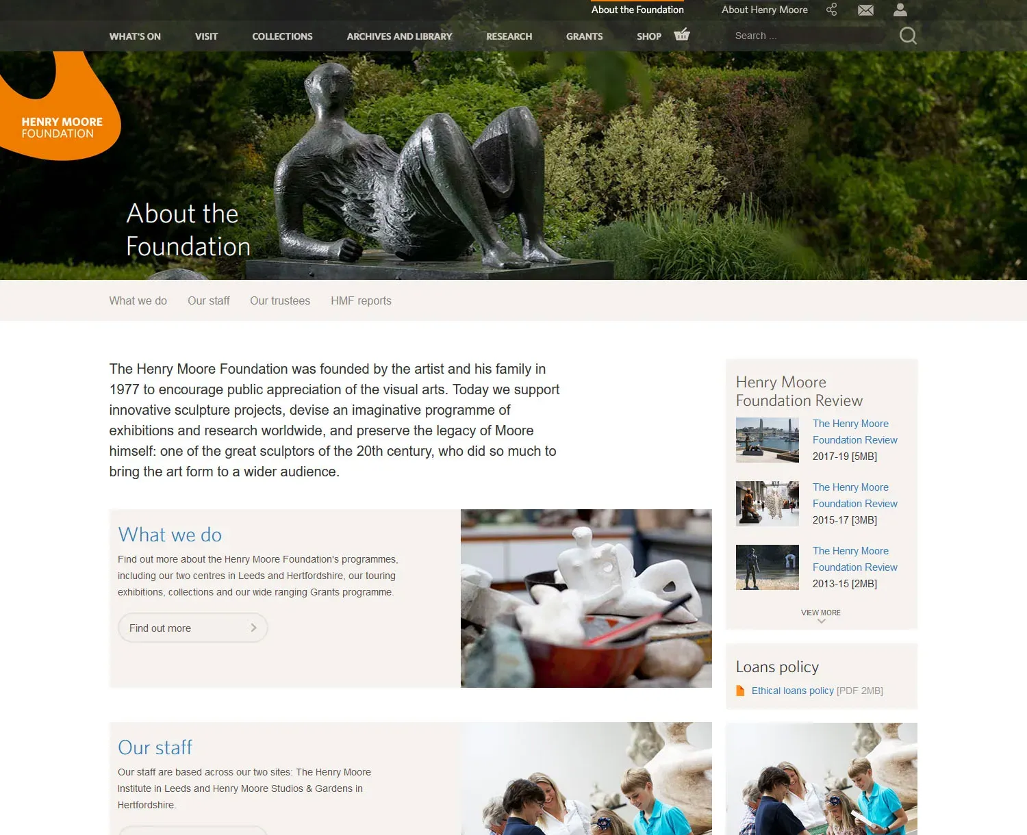 Screenshot of Henry Moore Foundation website About the foundation page