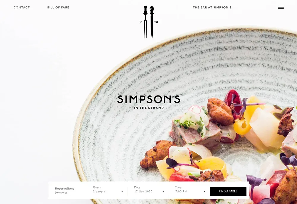 Screenshot of Simpsons in the Strand website homepage with Simpsons logo and a plate of elegant food